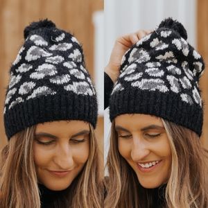 . Free Your Soul Black Leopard Print Fuzzy Pom Pom Beanie One Size